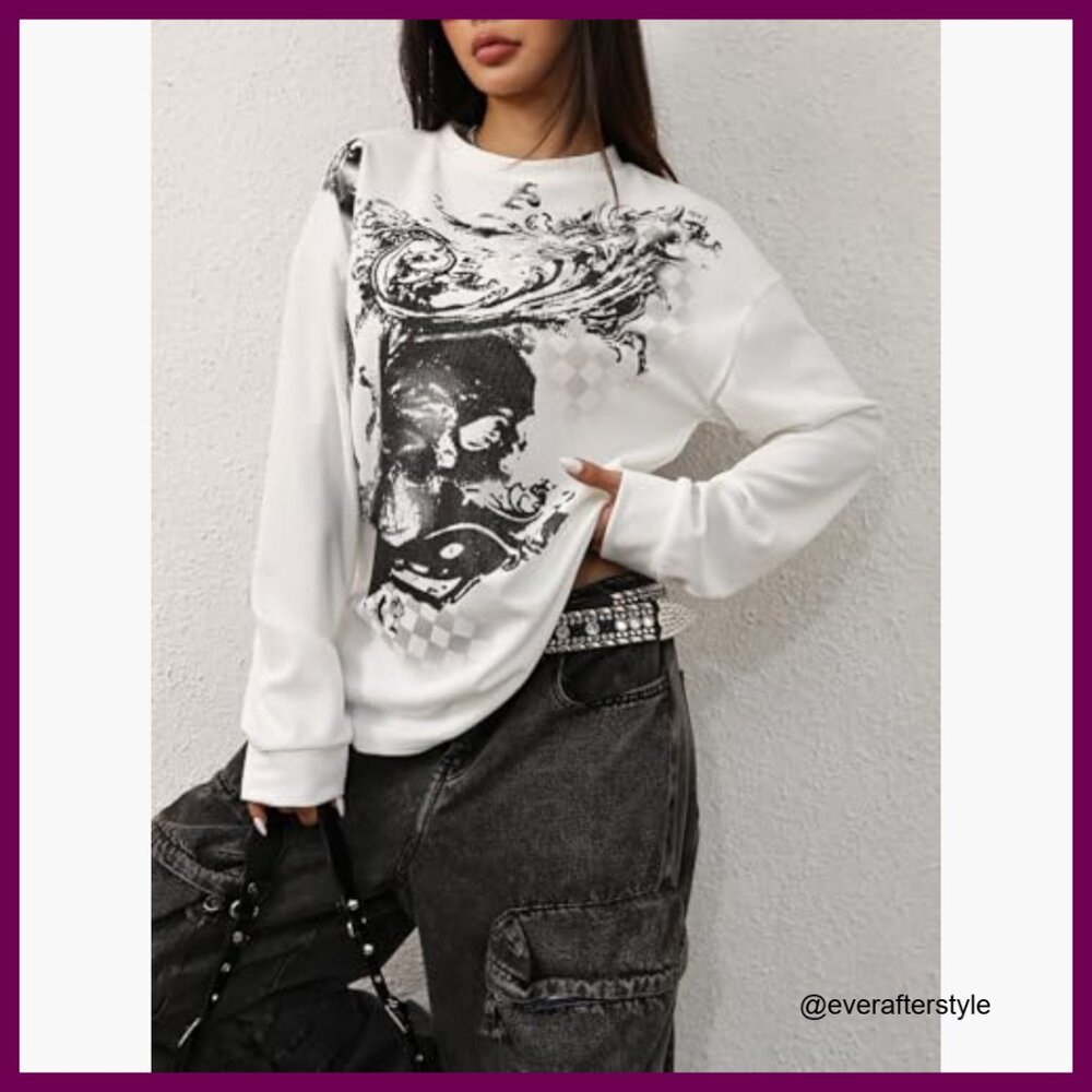 Polyester Elastane Long Sleeve Graphic Tee Y2K Gr… - image 3